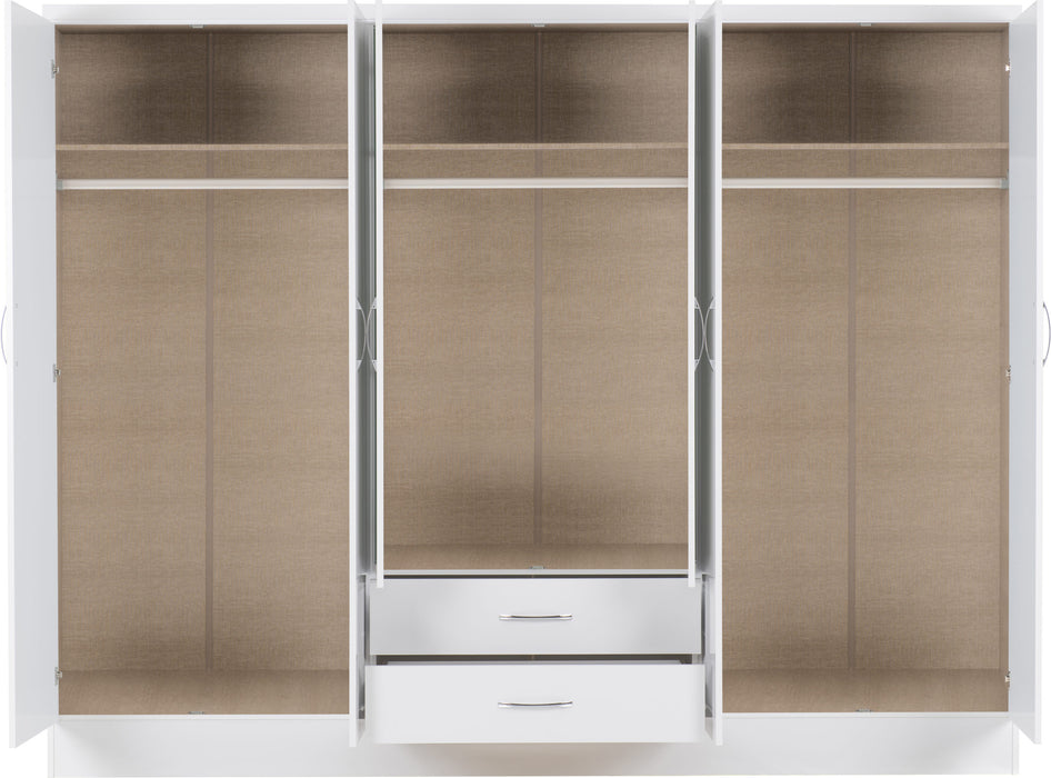 Nevada 6 Door 2 Drawer Mirrored Wardrobe – White Gloss