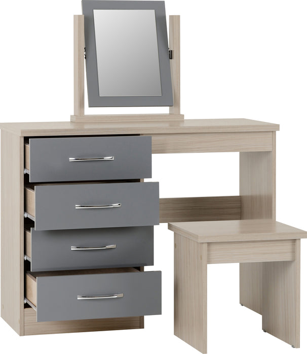 Nevada 4 Drawer Dressing Table Set – Grey Gloss / Light Oak Effect Veneer