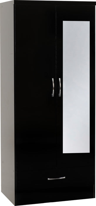 Nevada Mirrored 2 Door 1 Drawer Wardrobe – Black Gloss