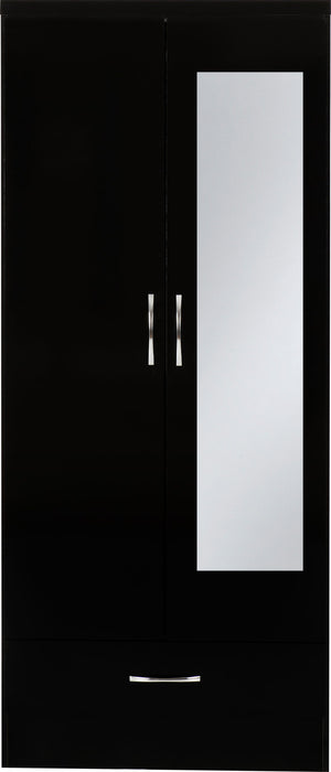 Nevada Mirrored 2 Door 1 Drawer Wardrobe – Black Gloss