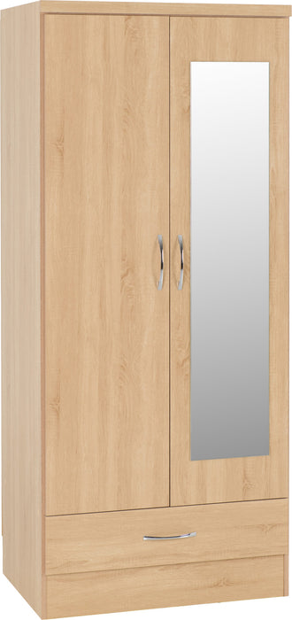 Nevada Mirrored 2 Door 1 Drawer Wardrobe – Sonoma Oak Effect