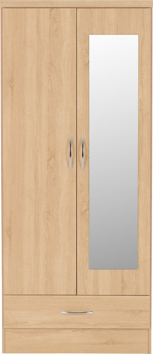 Nevada Mirrored 2 Door 1 Drawer Wardrobe – Sonoma Oak Effect