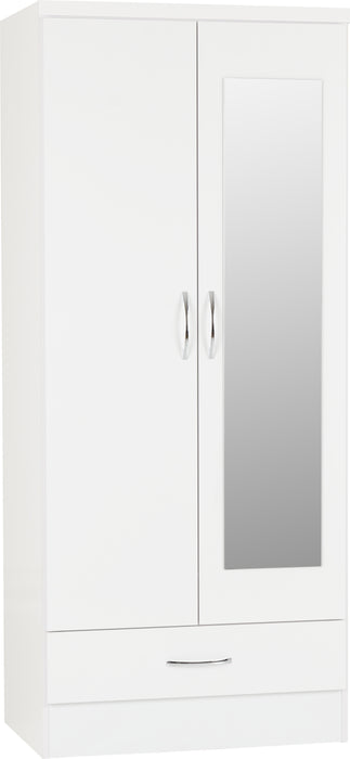 Nevada Mirrored 2 Door 1 Drawer Wardrobe – White Gloss