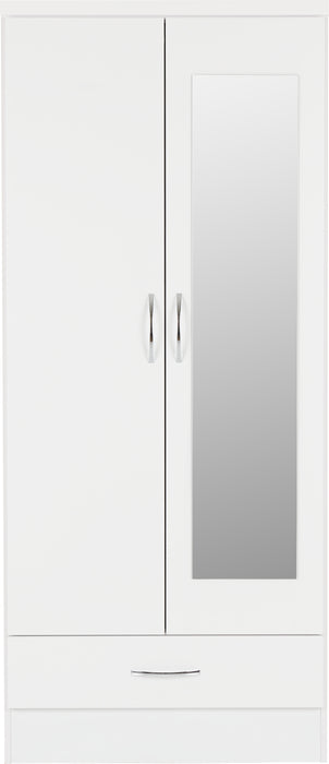 Nevada Mirrored 2 Door 1 Drawer Wardrobe – White Gloss