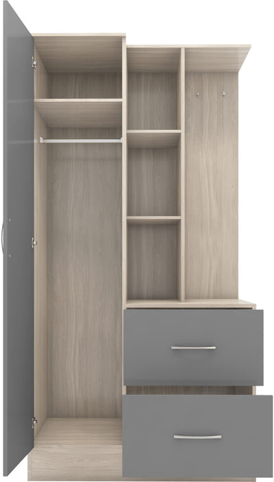 Nevada Mirrored Open Shelf Wardrobe – Grey Gloss / Light Oak Effect Veneer
