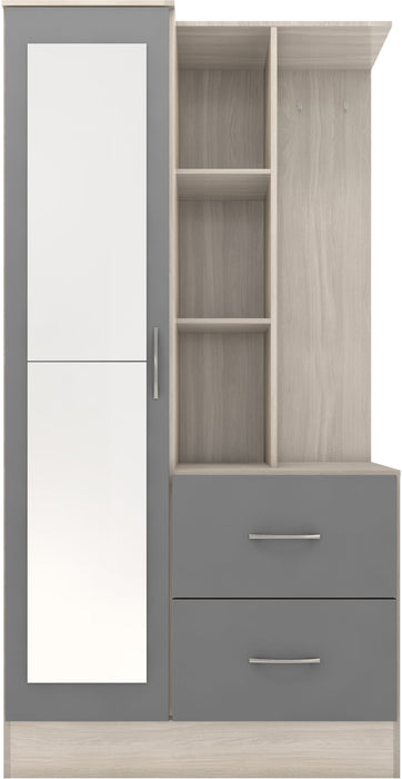 Nevada Mirrored Open Shelf Wardrobe – Grey Gloss / Light Oak Effect Veneer