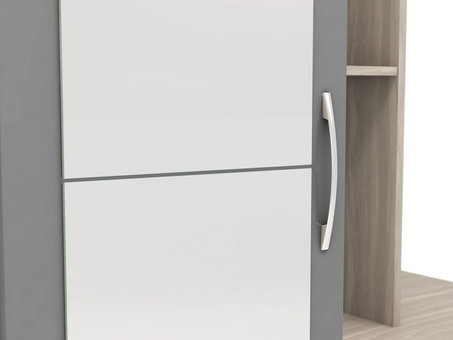 Nevada Mirrored Open Shelf Wardrobe – Grey Gloss / Light Oak Effect Veneer