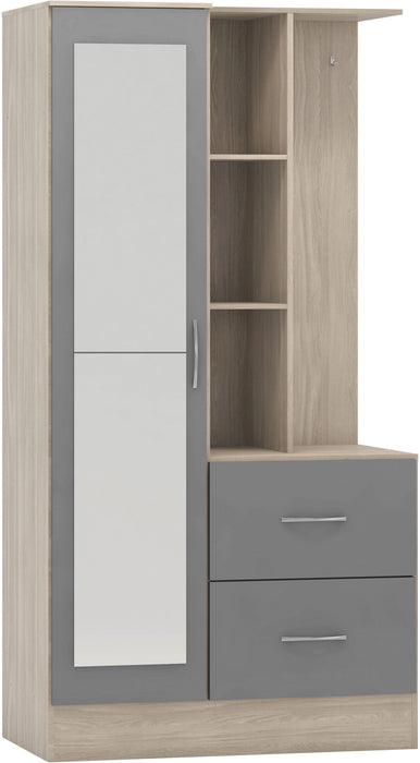 Nevada Mirrored Open Shelf Wardrobe – Grey Gloss / Light Oak Effect Veneer