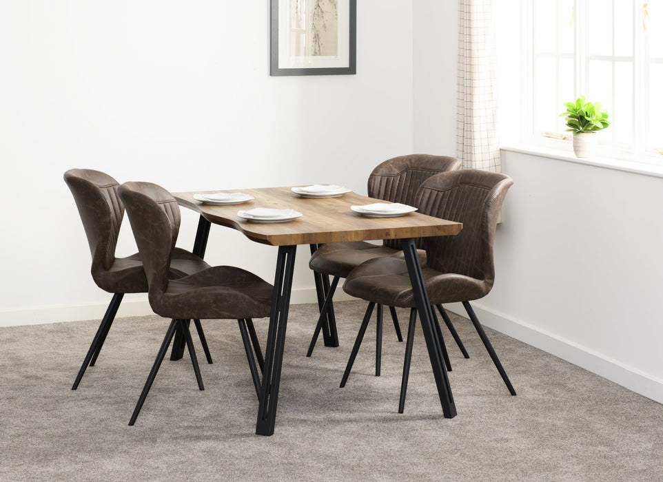 Quebec Wave Edge Dining Set – Medium Oak Effect/Black/Brown Faux Leather