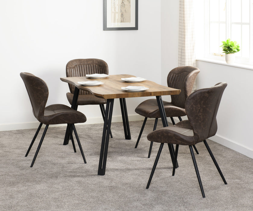 Quebec Wave Edge Dining Set – Medium Oak Effect/Black/Brown Faux Leather