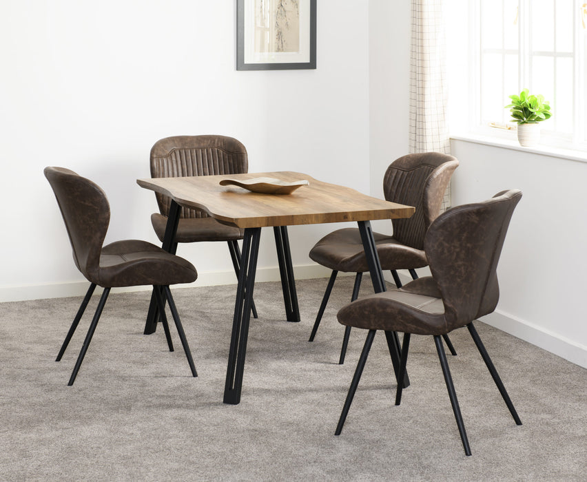 Quebec Wave Edge Dining Set – Medium Oak Effect/Black/Brown Faux Leather