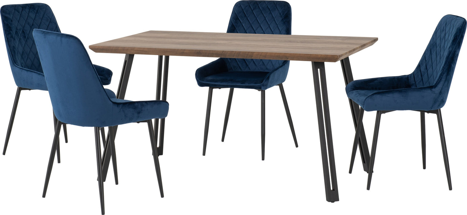 Quebec Straight Edge Dining Set – Medium Oak Effect/Black/Sapphire Blue Velvet