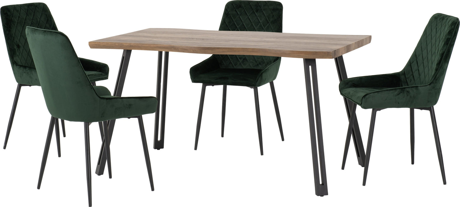 Quebec Wave Edge Dining Set with Avery Chairs – Medium Oak Effect/Black/Emerald Green Velvet