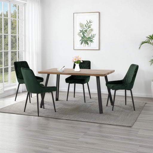 Quebec Wave Edge Dining Set with Avery Chairs – Medium Oak Effect/Black/Emerald Green Velvet
