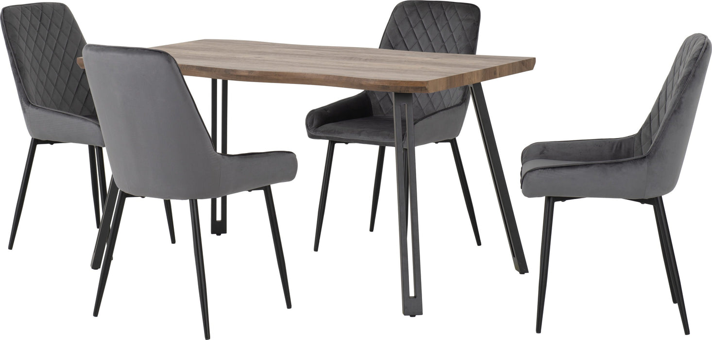 Quebec Wave Edge Dining Set with Avery Chairs – Medium Oak Effect/Black/Grey Velvet
