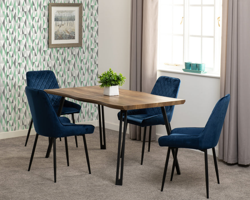 Quebec Wave Edge Dining Set with Avery Chairs – Medium Oak Effect/Black/Sapphire Blue Velvet