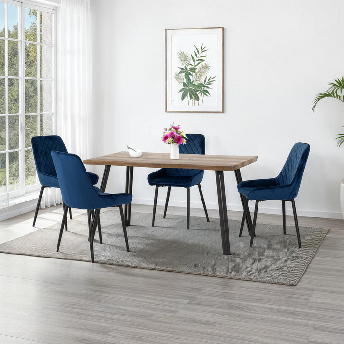 Quebec Wave Edge Dining Set with Avery Chairs – Medium Oak Effect/Black/Sapphire Blue Velvet