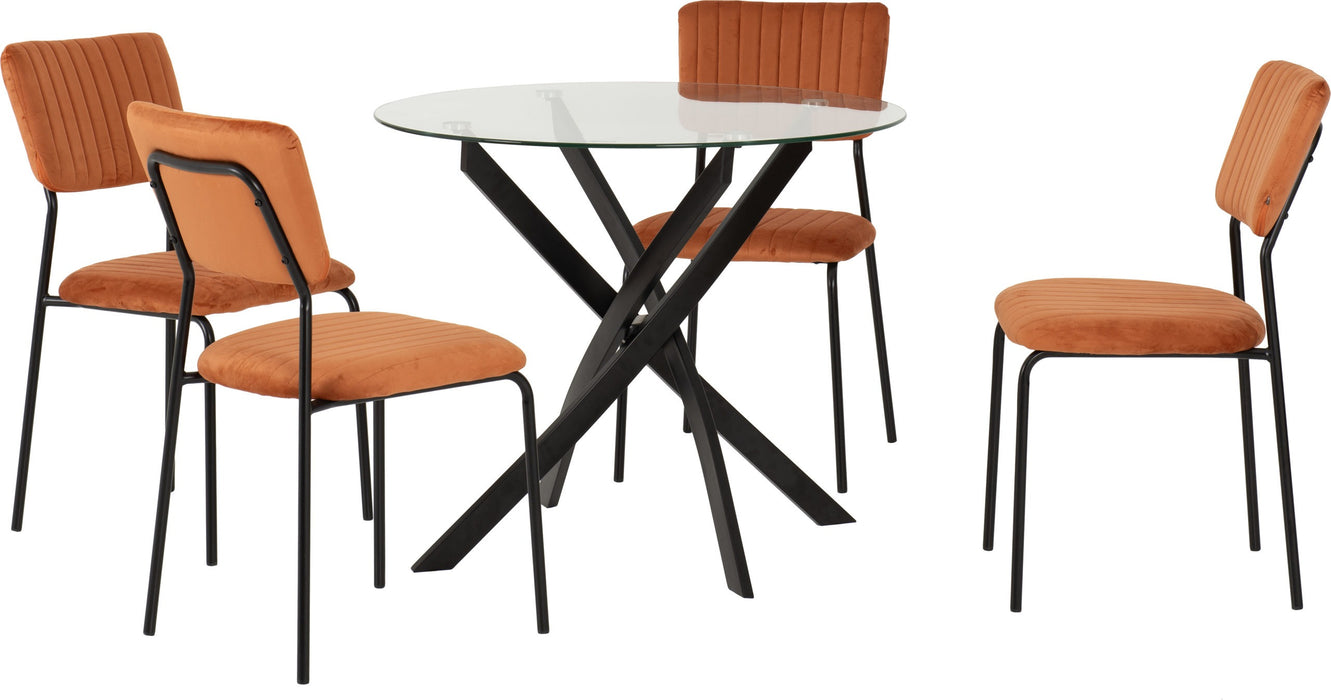 Sheldon Round Glass Top Dining Set – Clear Glass/Black/Burnt Orange Velvet Fabric