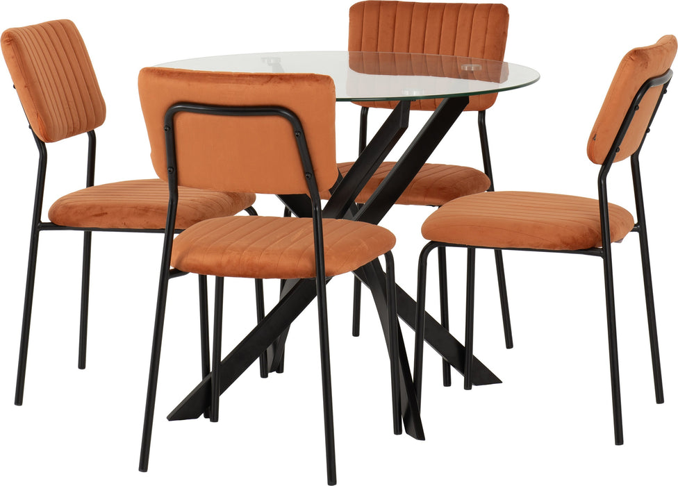 Sheldon Round Glass Top Dining Set – Clear Glass/Black/Burnt Orange Velvet Fabric