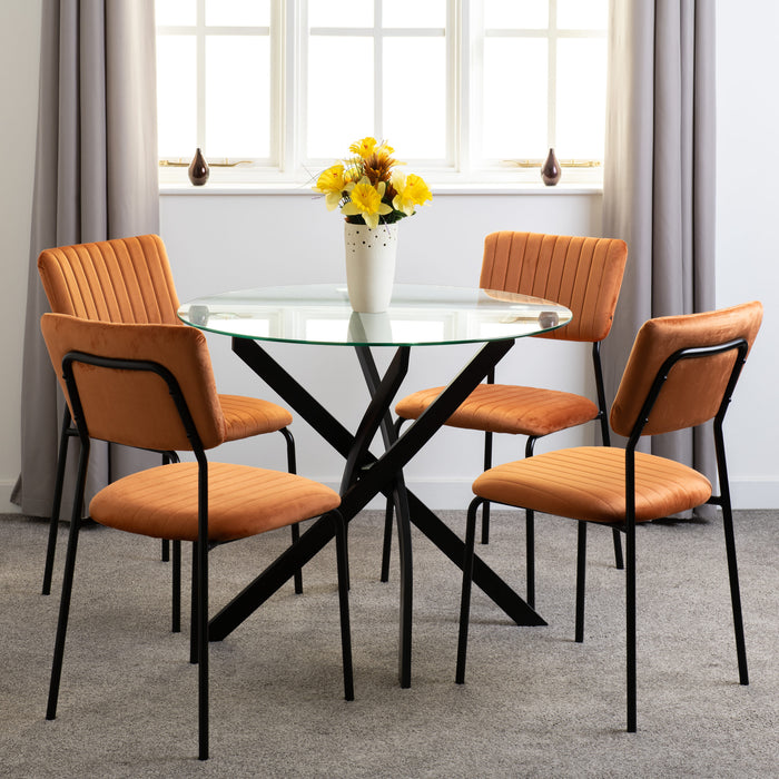 Sheldon Round Glass Top Dining Set – Clear Glass/Black/Burnt Orange Velvet Fabric