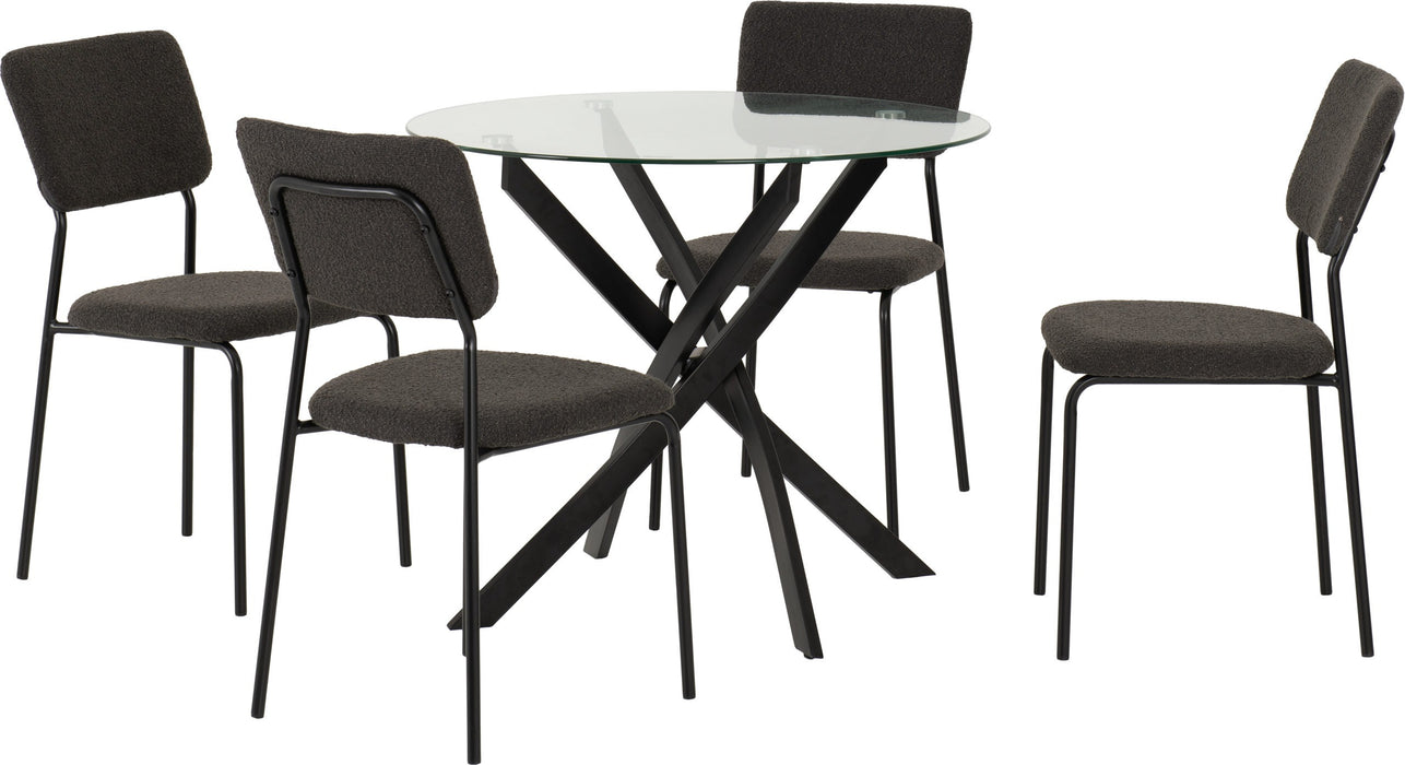 Sheldon Round Glass Top Dining Set – Clear Glass/Black/Grey Boucle Fabric
