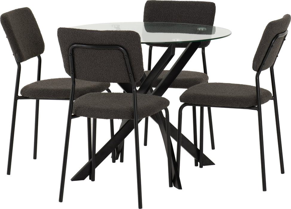 Sheldon Round Glass Top Dining Set – Clear Glass/Black/Grey Boucle Fabric