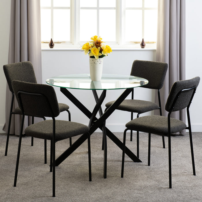 Sheldon Round Glass Top Dining Set – Clear Glass/Black/Grey Boucle Fabric