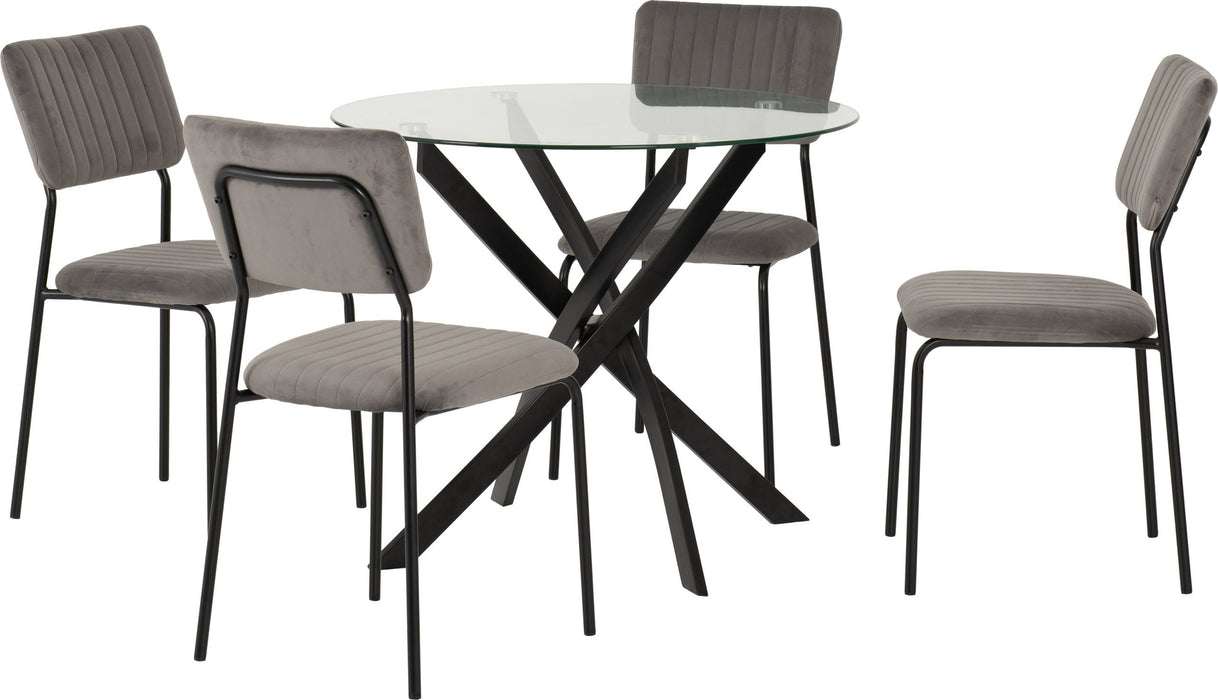 Sheldon Round Glass Top Dining Set – Clear Glass/Black/Grey Velvet Fabric