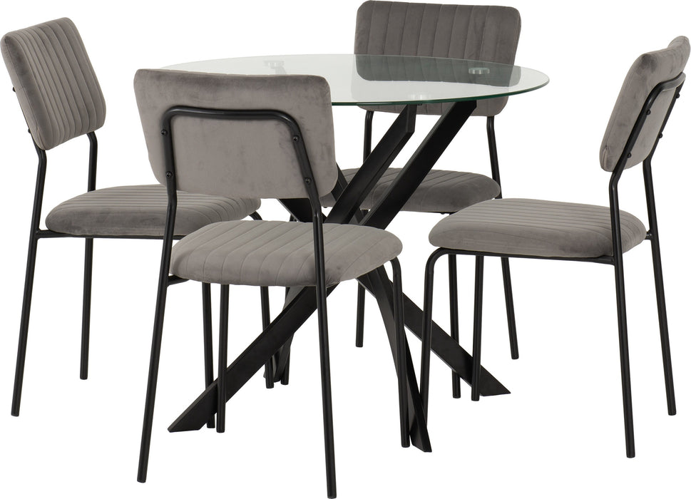 Sheldon Round Glass Top Dining Set – Clear Glass/Black/Grey Velvet Fabric