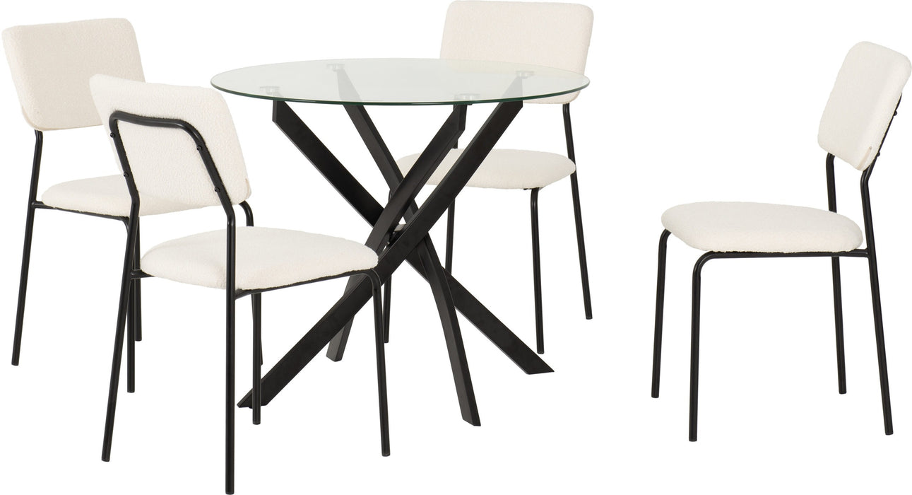 Sheldon Round Glass Top Dining Set – Clear Glass/Black/Ivory Boucle Fabric