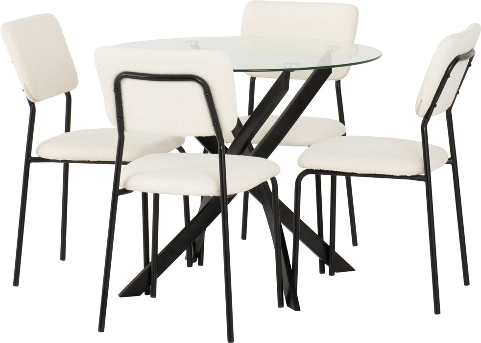 Sheldon Round Glass Top Dining Set – Clear Glass/Black/Ivory Boucle Fabric