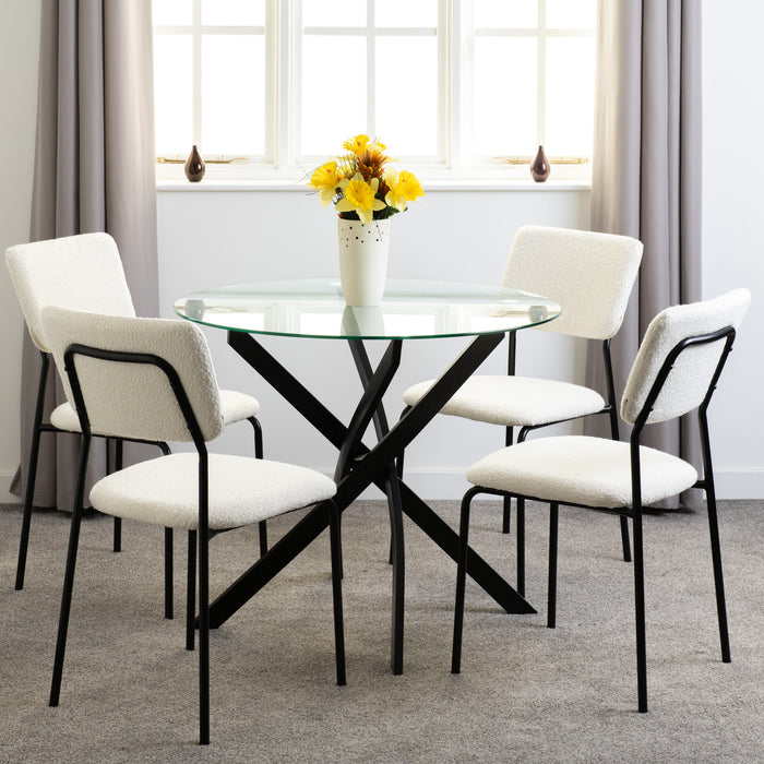 Sheldon Round Glass Top Dining Set – Clear Glass/Black/Ivory Boucle Fabric