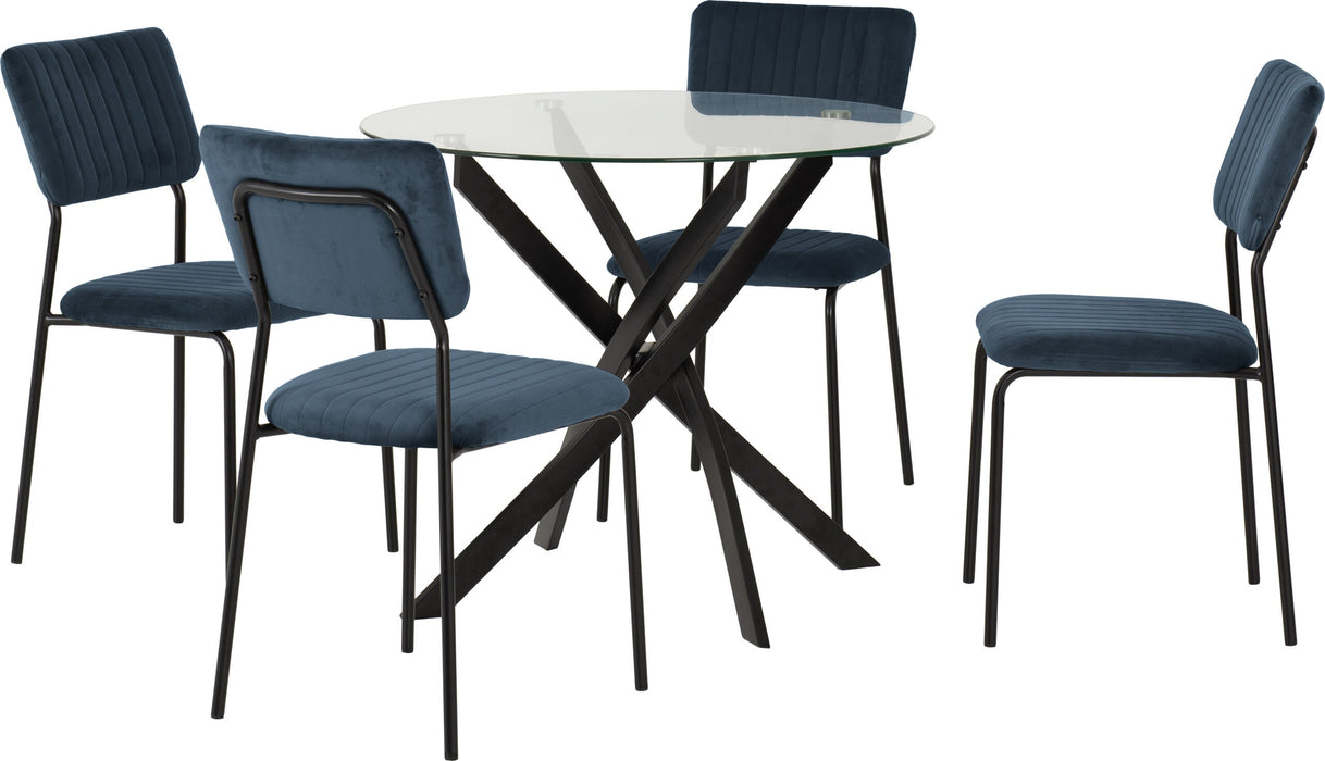 Sheldon Round Glass Top Dining Set – Clear Glass/Black/Navy Blue Velvet Fabric