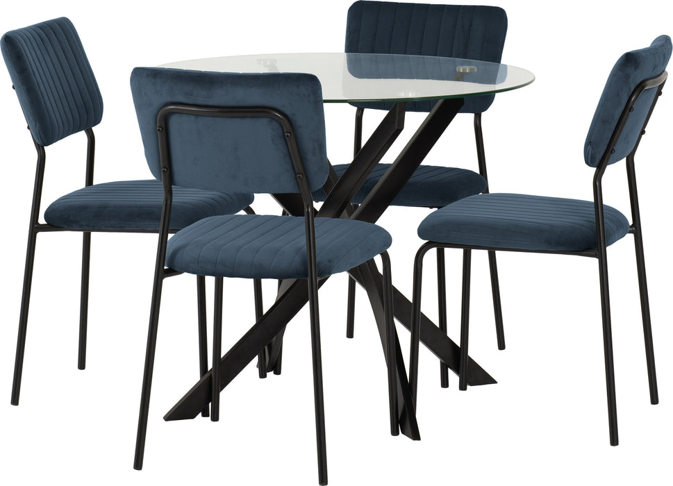 Sheldon Round Glass Top Dining Set – Clear Glass/Black/Navy Blue Velvet Fabric