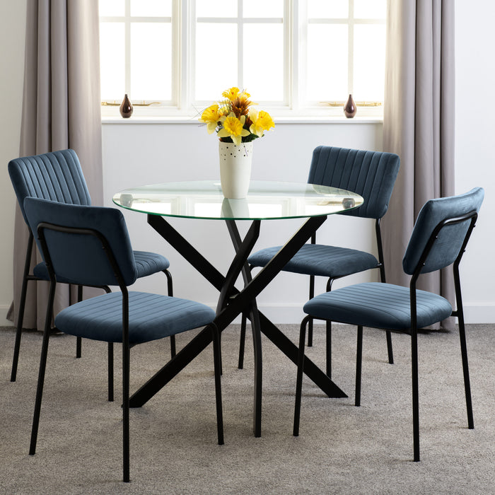 Sheldon Round Glass Top Dining Set – Clear Glass/Black/Navy Blue Velvet Fabric