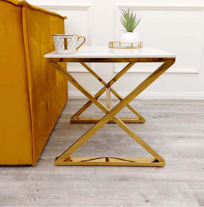 Zion Gold Lamp Table with Polar White Sintered Top-Cheshire Furniture Outlet