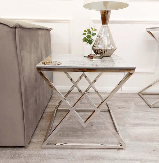 Vesta Chrome Lamp Table with Stomach Ash Sintered Stone Top-Cheshire Furniture Outlet