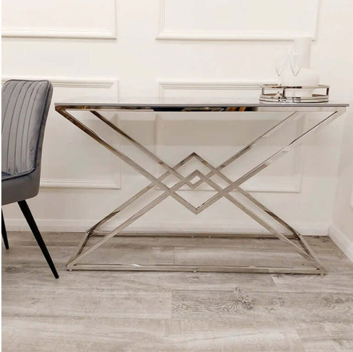Vesta Chrome Console Table with Stomach Ash Sintered Stone Top-Cheshire Furniture Outlet