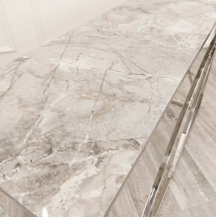 Stella Chrome Console Table with Stomach Ash Grey Sintered Top-Cheshire Furniture Outlet