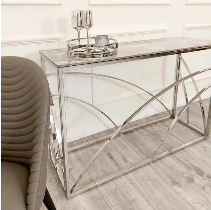 Stella Chrome Console Table with Stomach Ash Grey Sintered Top-Cheshire Furniture Outlet