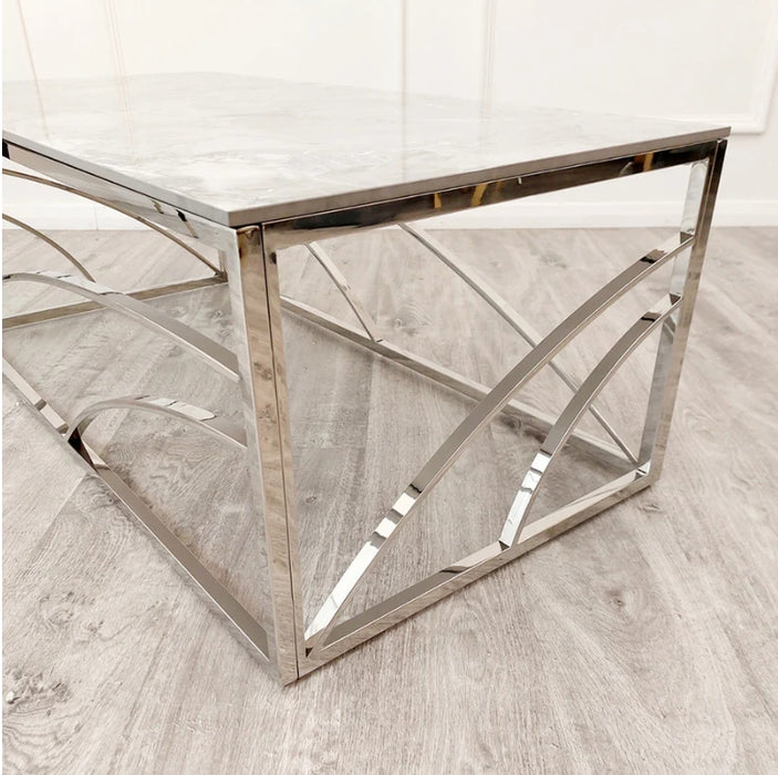 Stella Chrome Coffee Table with Stomach Ash Grey Sintered Top-Cheshire Furniture Outlet
