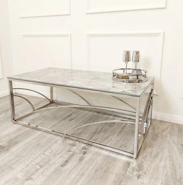 Stella Chrome Coffee Table with Stomach Ash Grey Sintered Top-Cheshire Furniture Outlet