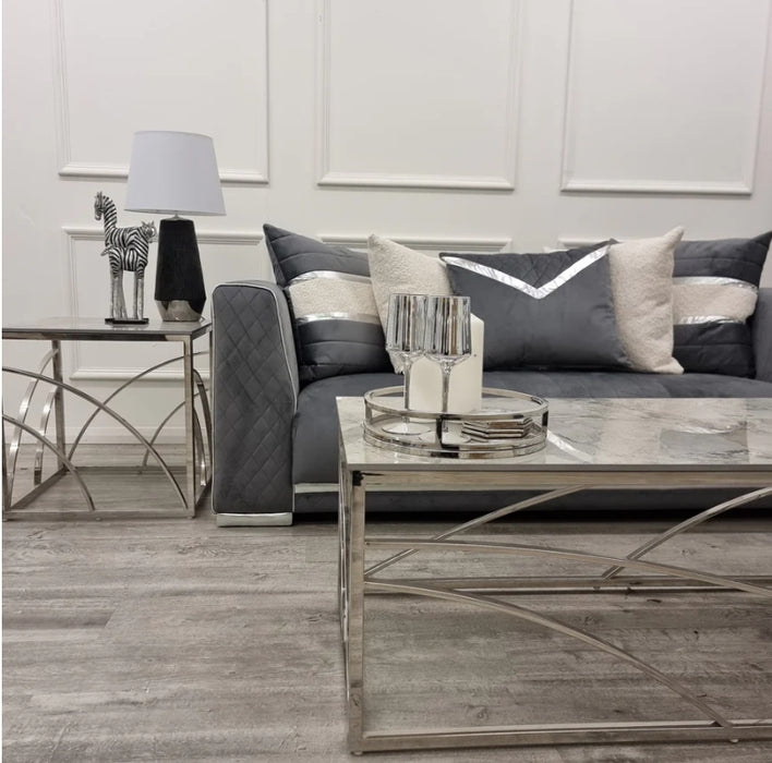 Stella Chrome Coffee Table with Stomach Ash Grey Sintered Top-Cheshire Furniture Outlet