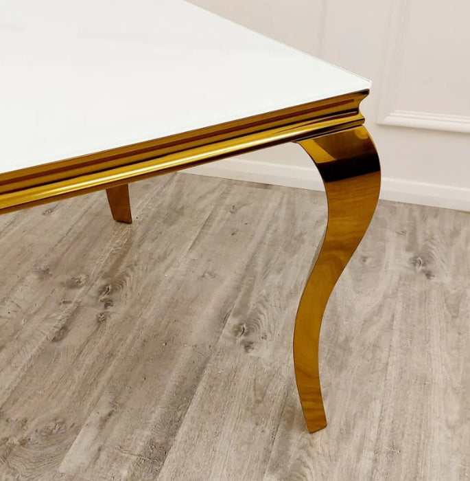Louis Gold 1.5 Dining Table White Glass Top with 4 Bentley Beige Chairs-Cheshire Furniture Outlet