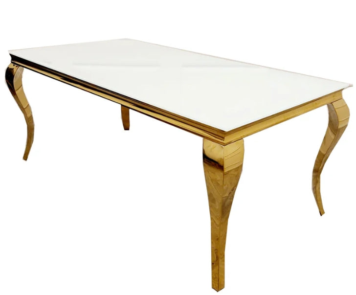 Louis Gold 1.5 Dining Table White Glass Top with 4 Bentley Beige Chairs-Cheshire Furniture Outlet