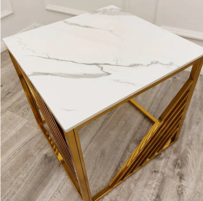 Azure Gold Lamp Table with Polar White Sintered Top-Cheshire Furniture Outlet