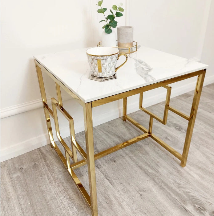 Geo Gold Lamp Table with Polar White Sintered Top-Cheshire Furniture Outlet