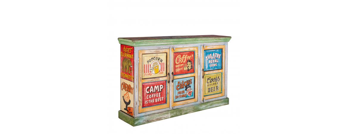 Hand Painted Vintage Ad 3 Door Sideboard-Cheshire Furniture Outlet