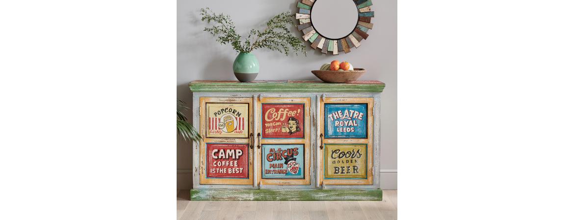 Hand Painted Vintage Ad 3 Door Sideboard-Cheshire Furniture Outlet