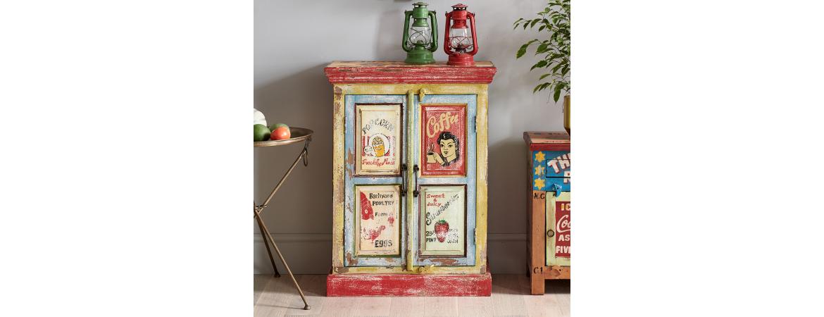 Hand Painted Vintage Ad 2 Door Cabinet-Cheshire Furniture Outlet
